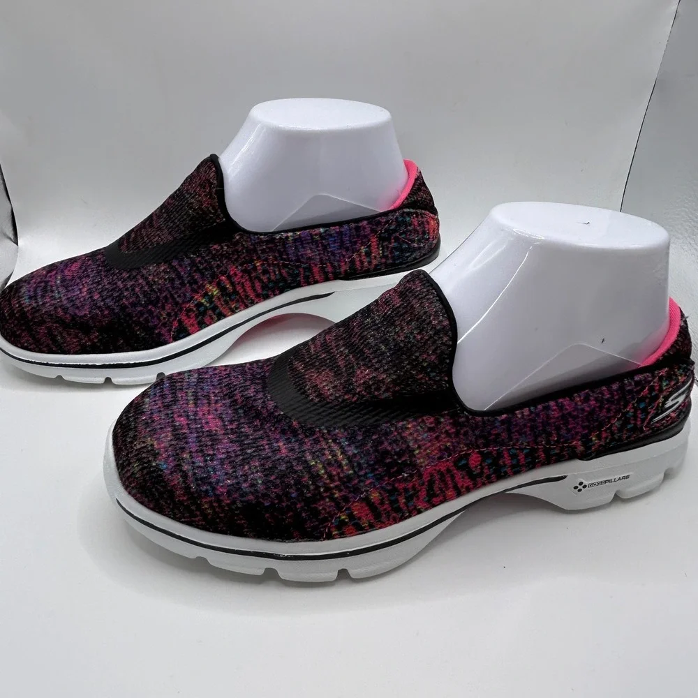 Skechers Women’s Slip-On Knit Sneakers in Black with Pink Accents